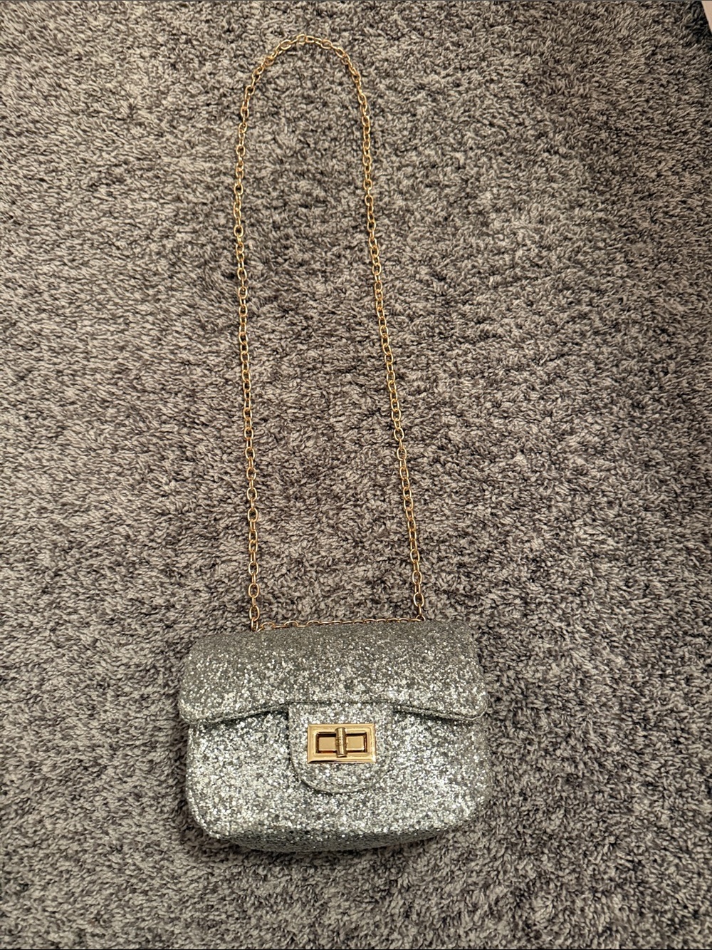 Silver Glitter Crossbody Bag with Gold Chain